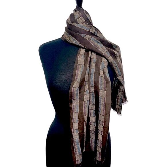 Vintage ECHO 100% Wool Long Scarf, Brown with Cream Blue Stripe Abstract Design - Picture 2 of 7